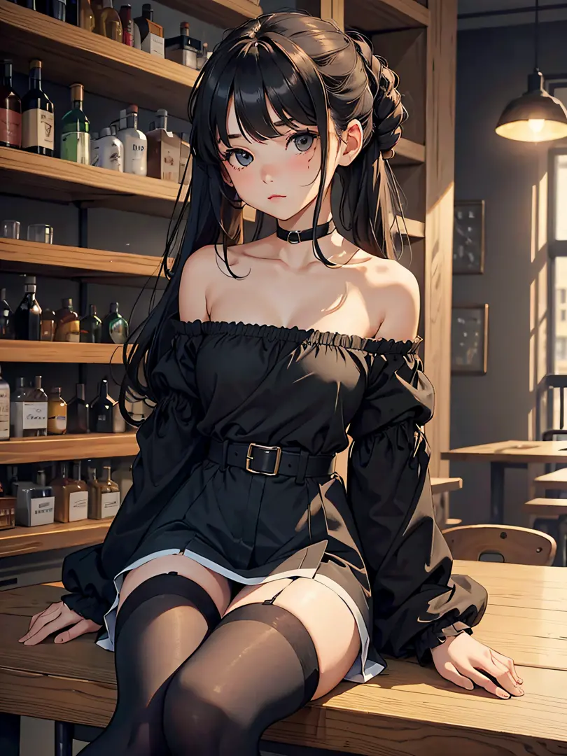 A girl with an unkempt head, long off-the-shoulder sleeves, black stockings, bar in the background