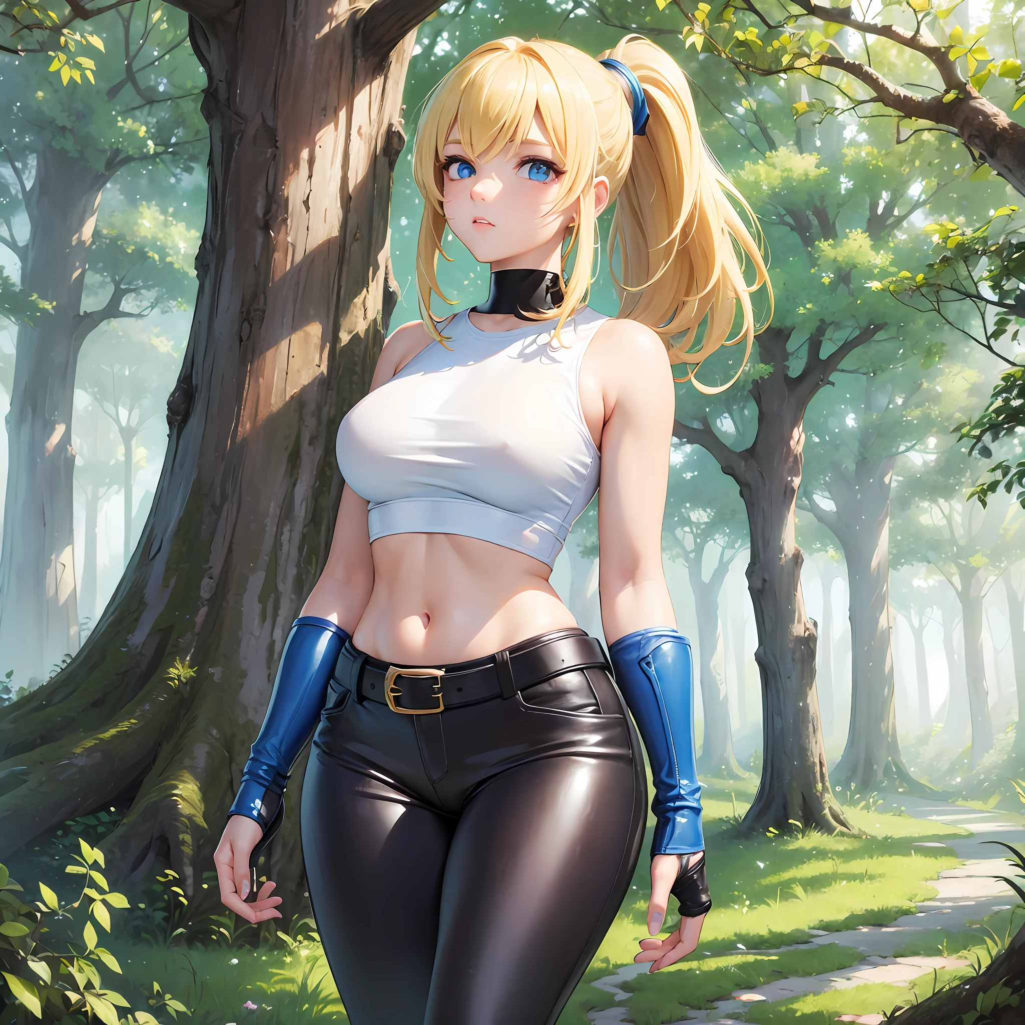 (masterpiece, best quality) 1.5, 1girl, solo, (sexy, beautiful woman, perfect face, perfect eyes), samus aran, leather legging pants with belt, white t-shirt with neckline, white sneakers, walking in the forest, (blue eyes, blonde hair, ponytail) --auto --s2