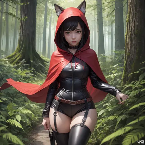 Girl dressed in little red hood pretending to be evil wolf, ankle waist, thick thighs, oozing tears, detailed skin with freckles, highly detailed backgrounds shadowy forest with small illuminating sunlights passing among the foliage of the trees, wolf bare...