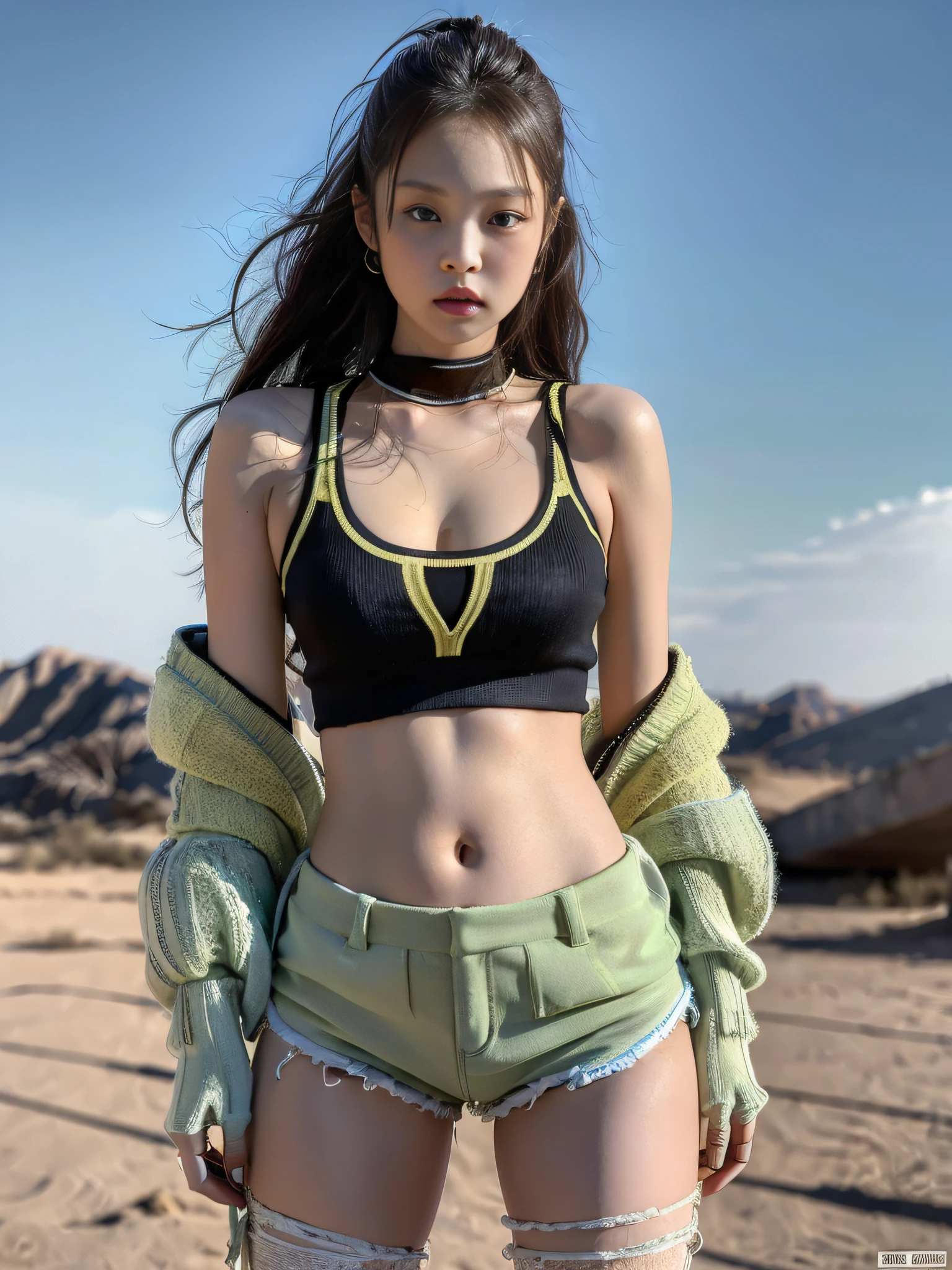 Masterpiece, Excellent, Realism, Jennie wearing sports sweater, shorts, open waist, bare shoulders, cleavage, layered, long legs, wasteland punk style, background is wasteland, desert, wind and dust details are complex, HD, photography lighting, 16k