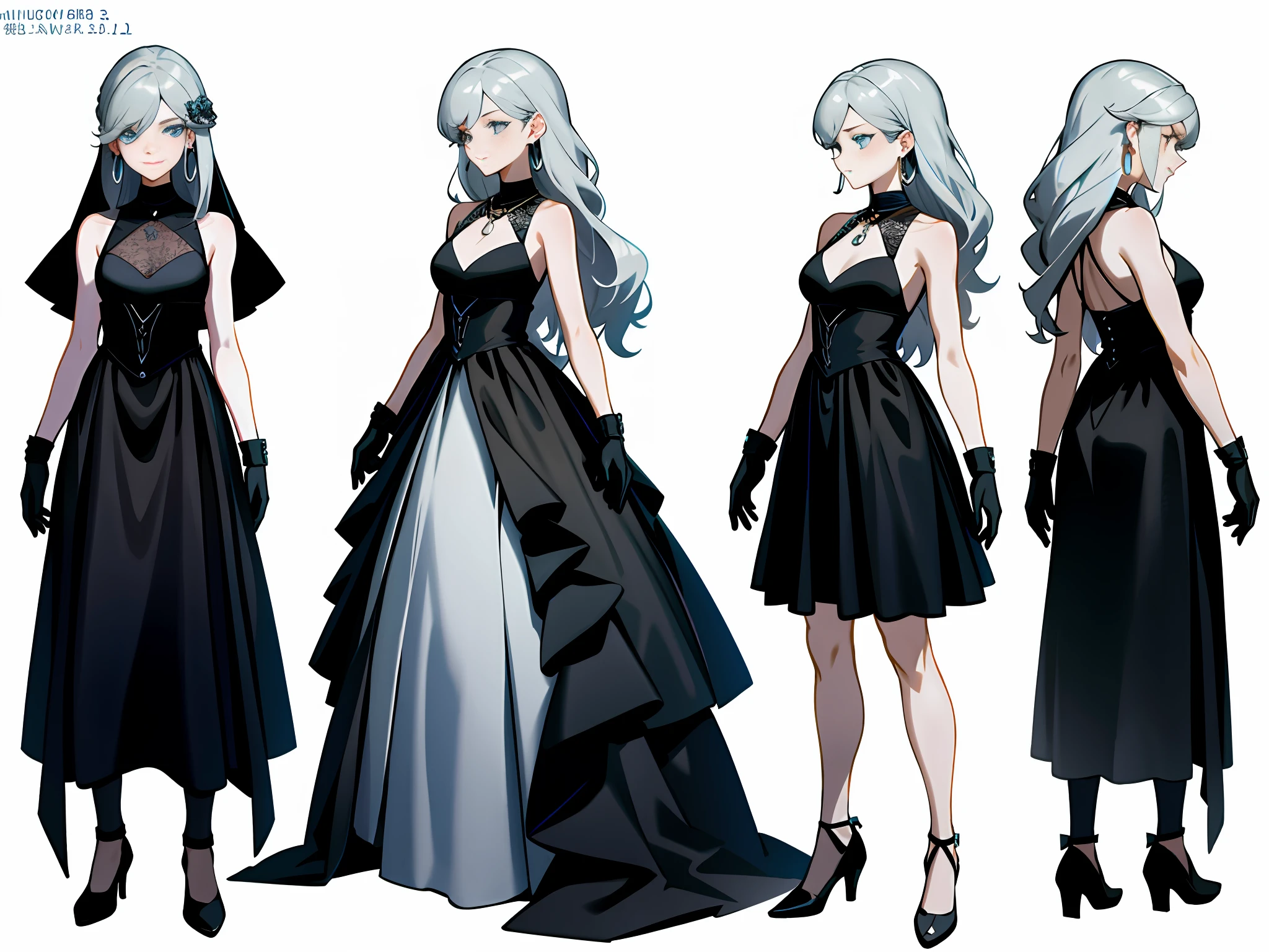 Masterpiece: 1.6, best quality: 1.4, live image: 1.2, intricate details: 1.2, charturnerv2: 1.2, 1lady full body character change,
Appearance: milf: 1.25, thin: 1.3, light blue eyes, medium breasts, detailed eyes, quality eyes,
Clothing: black sleeveless dress, black gloves
Accessories: simple hoop earrings, black necklace, small flowers in the hair,
Hair: silver hair, long hair, semi curly hair,
Makeup: natural, shiny skin,
(single background, white background: 1.3), multiple views, multiple views of the same character in the same outfit: 1.3.