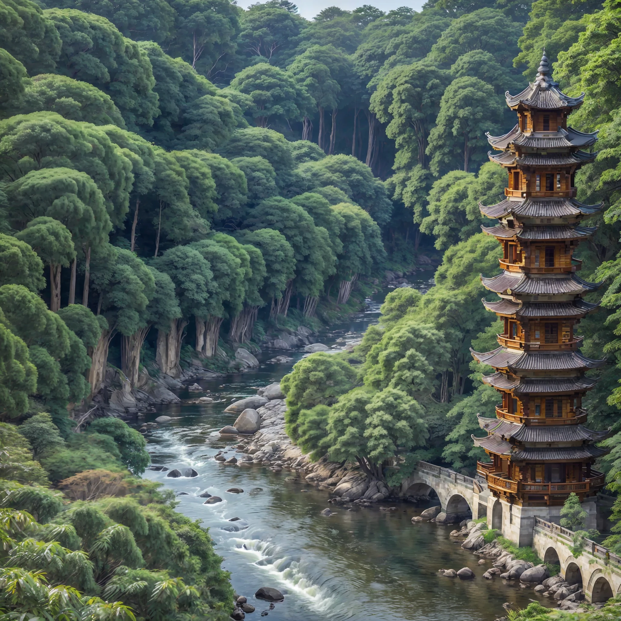 (masterpiece),(high quality), top quality, real,(real), ultra detailed, (full detail),(4k),8k,architecture, building, bush, city, east_asian_architecture, forest, grass, nature, no_humans, outdoors, tower, plant, river, landscape, tree, water , picturesque, delicate, --auto --s2