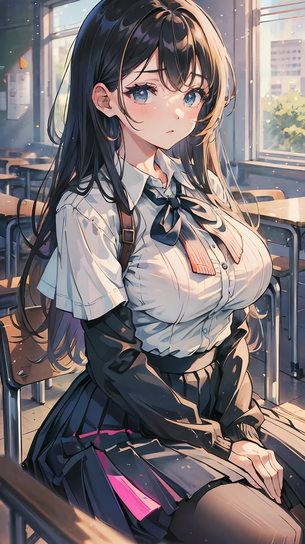 Masterpiece, Best Quality, Ultra Detailed, Illustration, Colorful, FAQ Color, Depth of Field, Lens Glow, 1girl, Anime, Seated, Brunetette, Big Breasts, Looking at the Audience, School, Classroom, Pleated Miniskirt, , Serafuku, Black Pantyhose, Delicate Skin Texture, Delicate Fabric Texture, Nice and Meticulous Face, --auto --s2