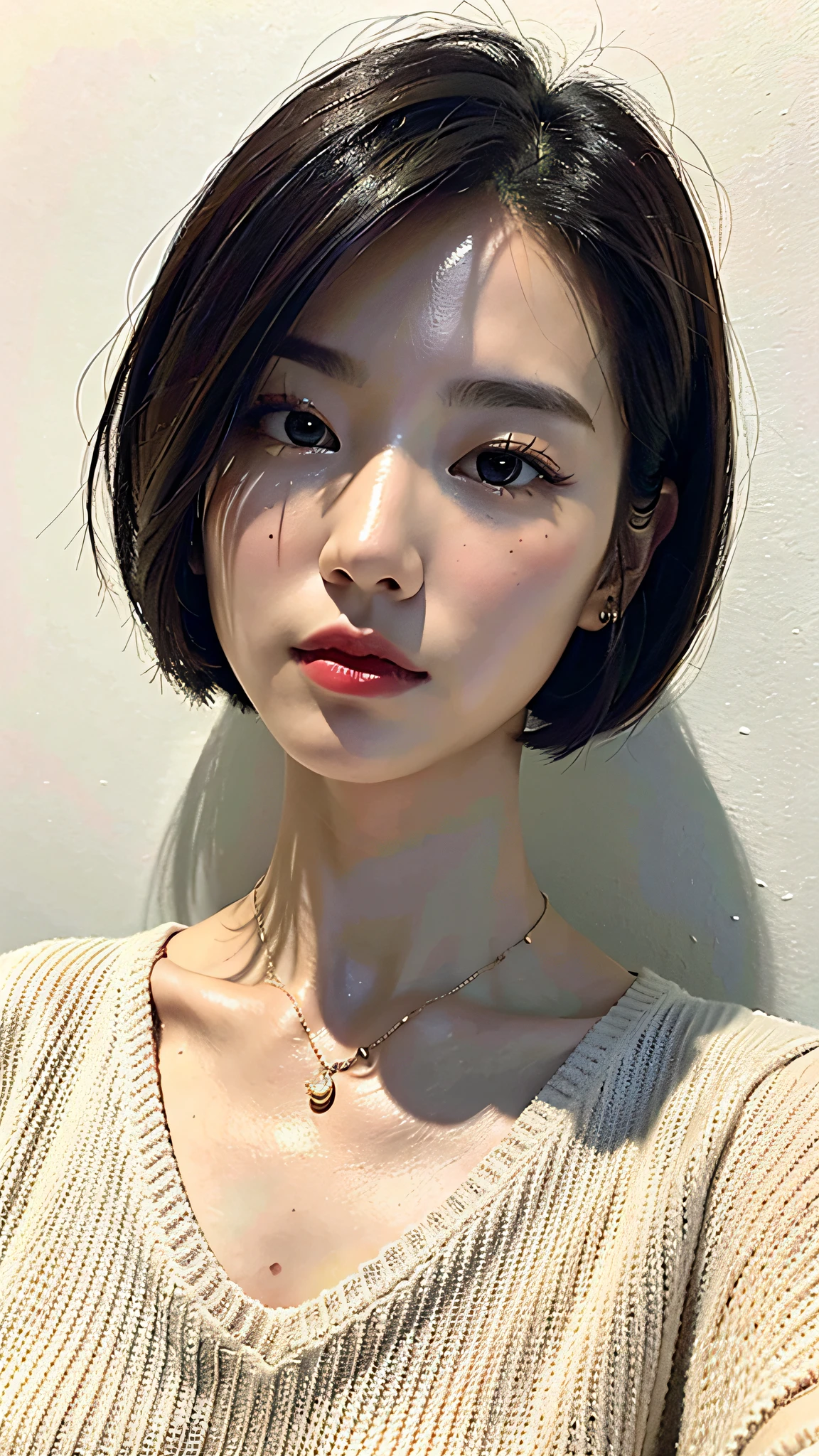 Best Quality, 8k, 32k, Masterpiece, UHD: 1.2), photo beautiful chinese woman, room, very short Bob hair, upper body, facial focus, oversized_sweater, necklace, simple background, from above, looking at the viewer,