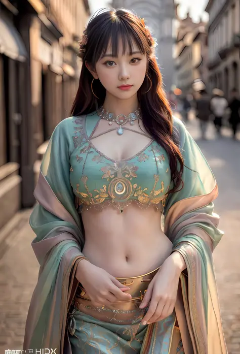 80mm, epic realistic, painting of a dancer on a street of 2020s Florence,(Florence Cathedral background),navel,crowd, by range m...