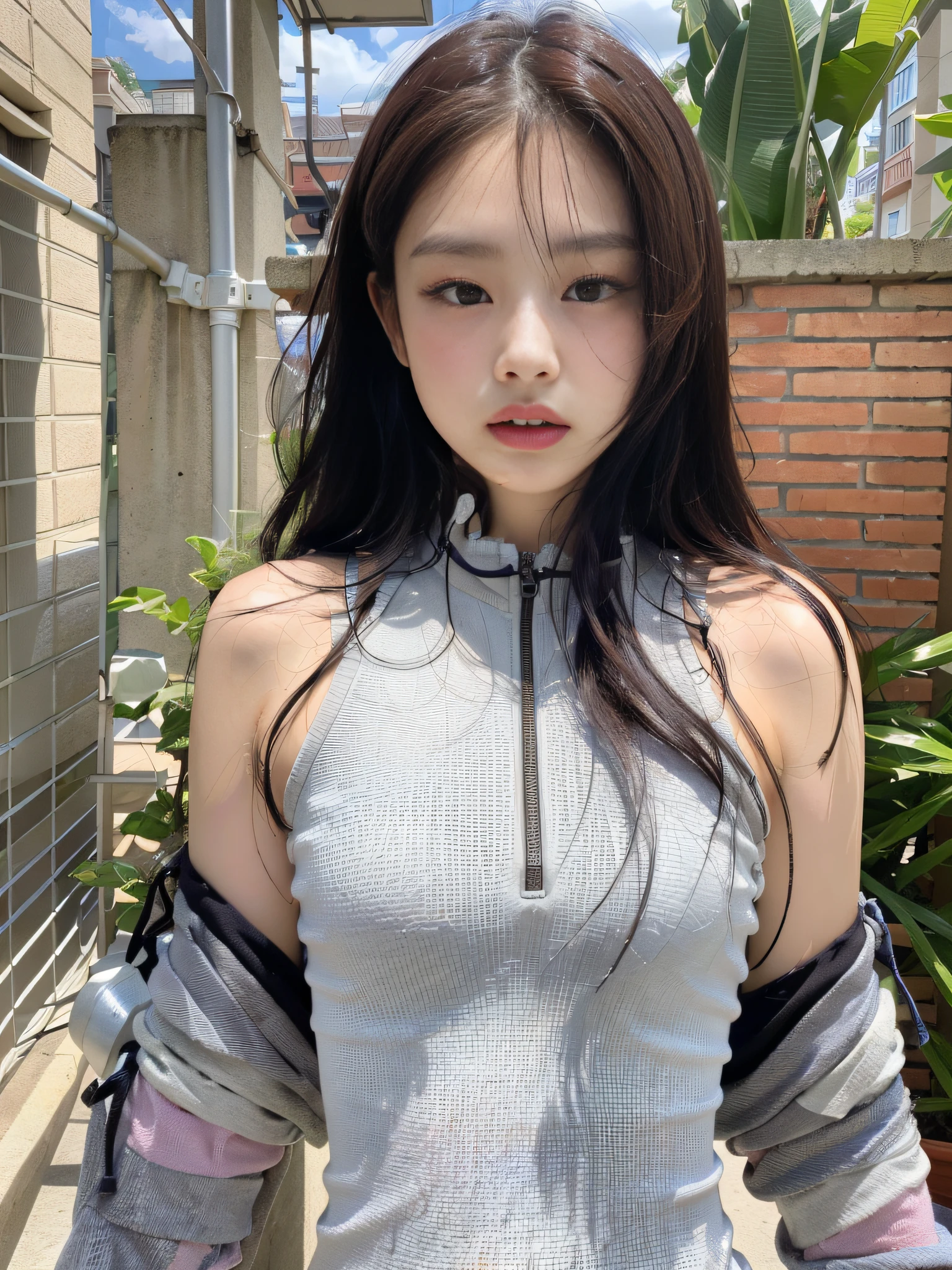 (1girl:1.3), Solo, __body-parts__, Kim Ji-ni Jennie face, wearing trendy brand, football uniform, bare waist, sexy, world-weary face, cold eyes, Korean style photo photos, photographic lighting, strong contrast, sunlight on the face, world-weary face, high-end, cold eyes, feminine, background cement gray, 8k resolution image, intricate symmetry details. The whole picture goes forward, mainly a woman standing all over her body, with smooth movements and a complete picture.