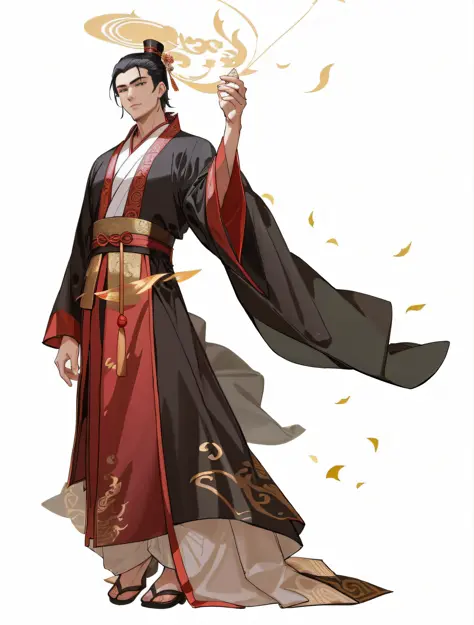 A man in a black robe and hat, gorgeous clothes, dragon robe, ancient Chinese emperor, full body fairy tale, ancient dynasty emperor, court, boy in Hanfu, character design, masterpiece, perfect, delicate hand, perfect hand, eyes looking at the camera, very...
