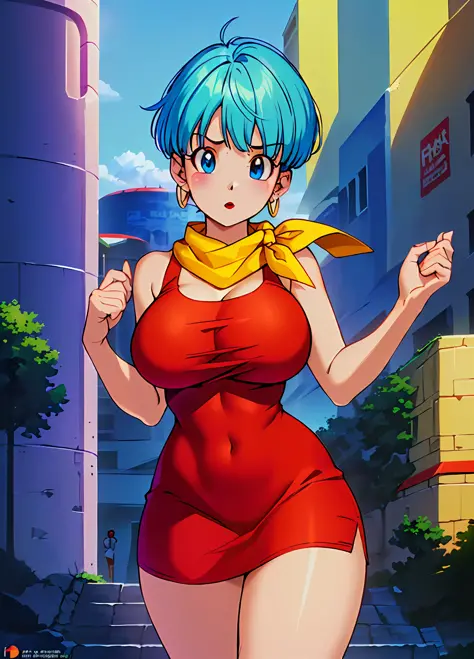 masterpiece, best quality, highest quality, (perfect lighting), (photorealistic), perfect anatomy, perfect face, perfect eyes, 
 bulmadbzreddress, aquamarine hair, short hair, blue eyes, earrings, red dress, yellow scarf, blue sky, clouds, on a cliff looking at a city, (BishoujoMom: 1.5), very tight red dress, legs that open, ((huge breasts, cleavage))), ((thick thighs, hourglass figure)), (topless), 1.5) ((thick red lips), ((blue eyes)), ((aquamarine hair)) photorealistic, photo, masterpiece, realistic, realism,  photorealism, photorealism, high contrast, photorealistic digital art trend on Artstation 8k HD HD realistic detailed, detailed, skin texture, hyper detailed, realistic skin texture, best quality, ultra high resolution (photorealistic: 1.4), high resolution, detailed, raw photo, sharp re, by Lee Jeffries nikon d850 film stock photography 4 Kodak Portra 400 camera F1.6 lens rich colors realistic texture hyper-realistic dramatic lighting unrealEngine trend in ArtStation CineStill 800,