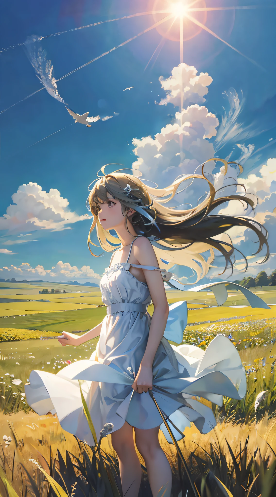 meadow, blue sky, white cumulonimbus, contrails, shining sun, meadow grass swaying in the wind, photo quality, live action, reality, transparency, realistic depiction, 8K quality, UHD, DSLR, high quality, film grain, fujifilm XT3, girl in white camisole dress, standing figure, barefoot, hair swaying in the wind, hair up to shoulders, big, big eyes,