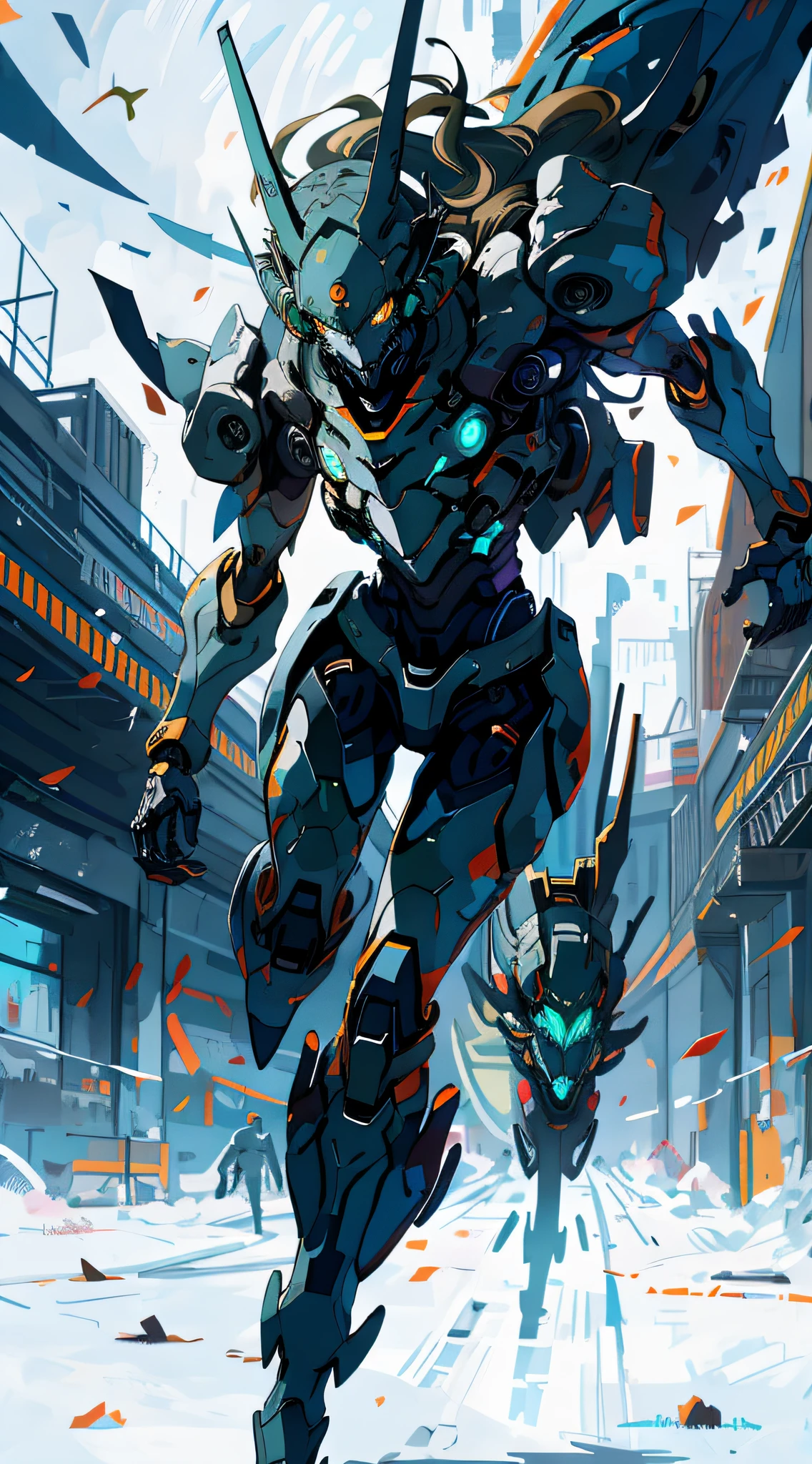 concept art of 1girl  wearing mecha suit, glowing eyes, camouflage, running in the battle field 
ink art, flat color, high contrast, stylish
absurdres, best quality, negative space,