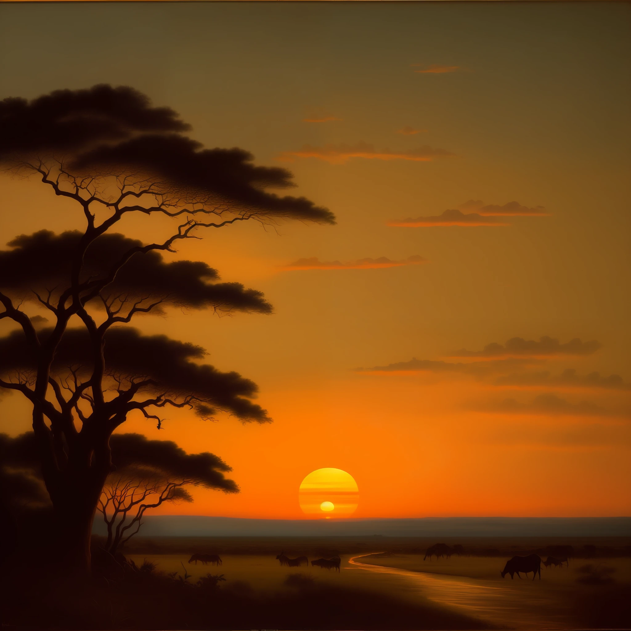 detailed Safari Sunset against a black backdrop by martin johnson heade, artstation