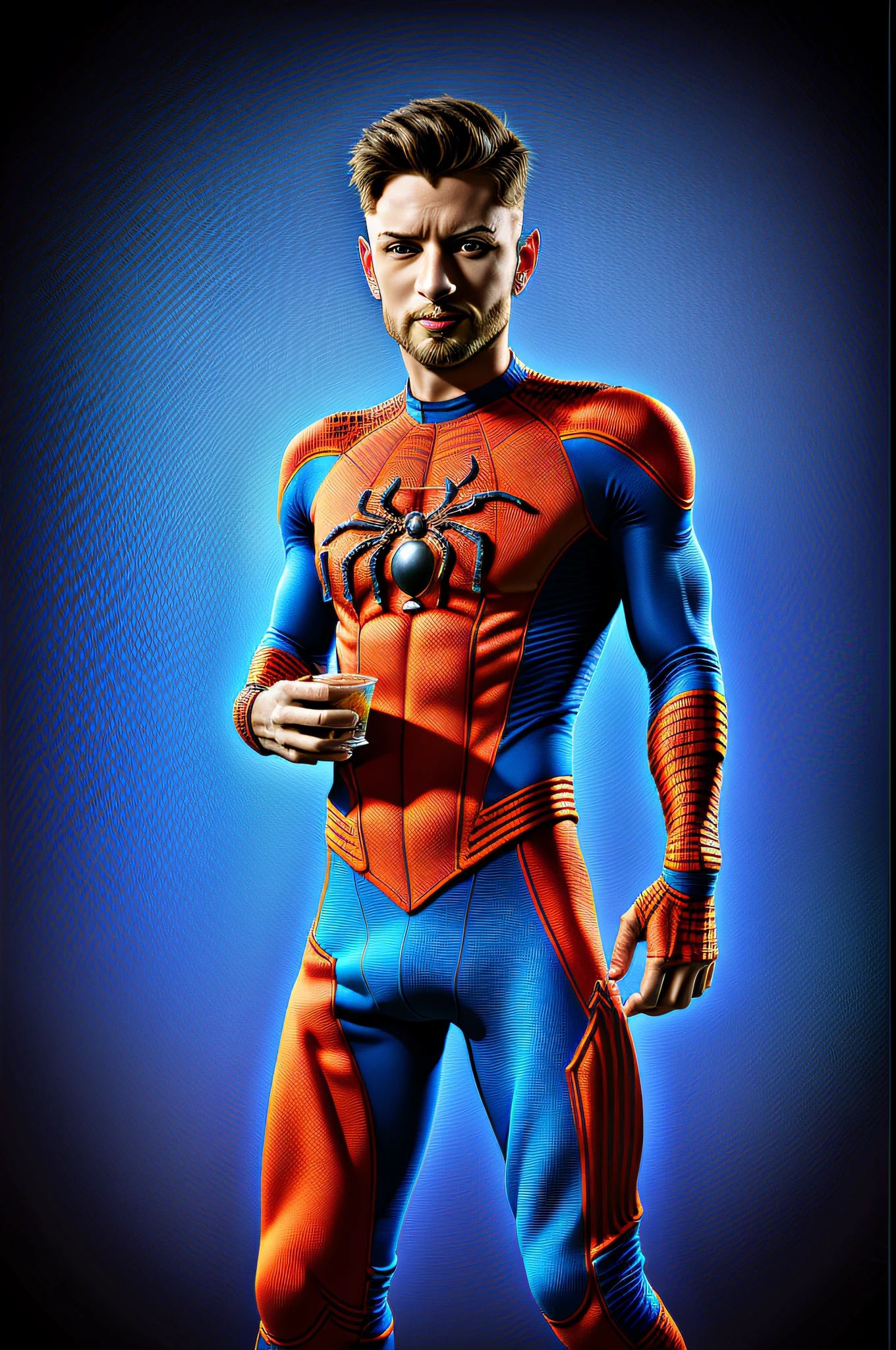 (Pixar style: 1.25) A waist-high portrait of (chrisbrigido) with serious spider-man clothing, blue eyes, enigmatic look, natural skin texture, 4k textures, HDR, intricate, highly detailed, sharp focus, cinematic visual, hyper-detailed