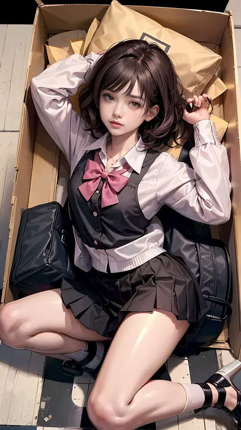(a girl with short brown hair black miniskirt curled up in box: 1.5), girl in box, (top view: 1.3), knees up, legs bent, full bo...