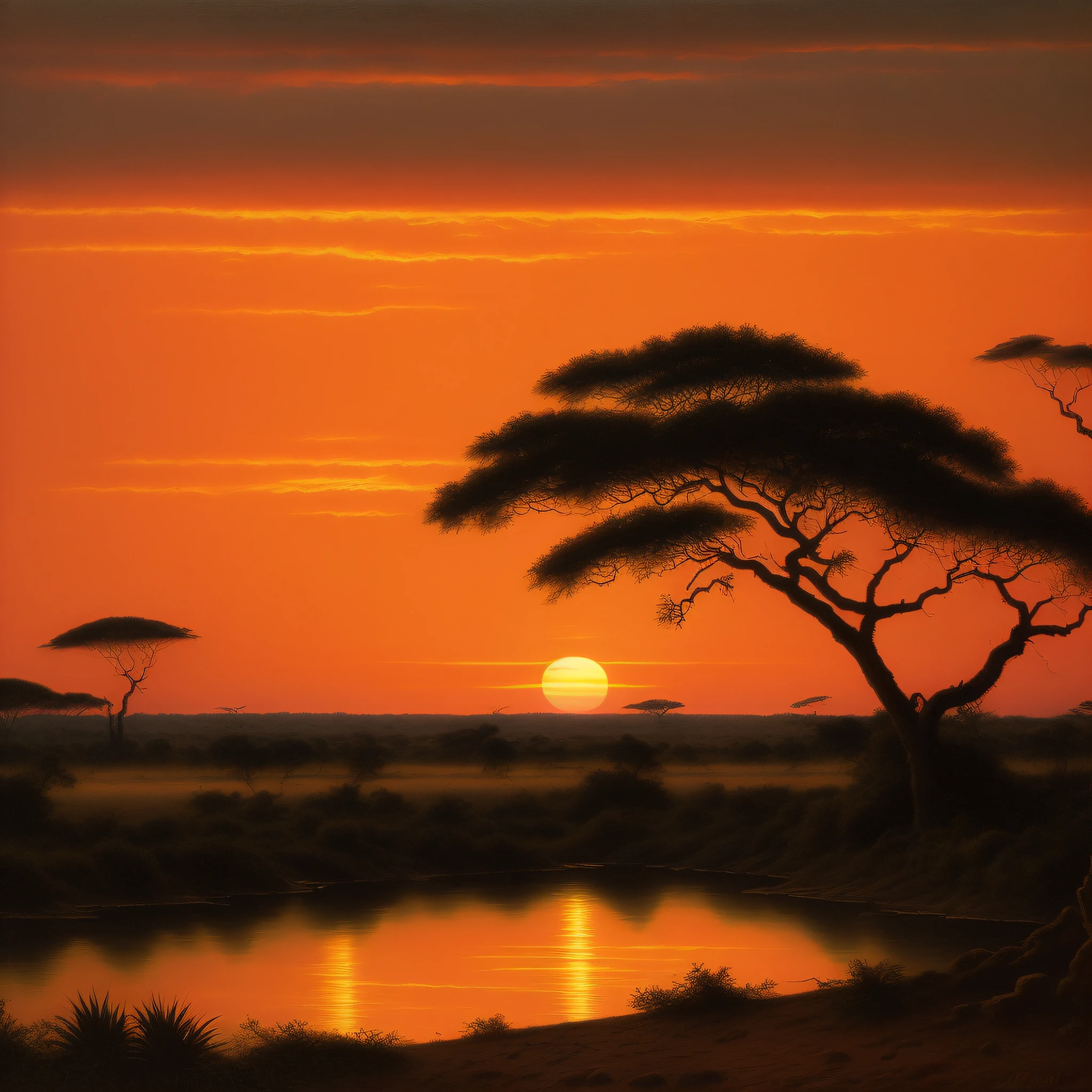 detailed Safari Sunset against a black backdrop by martin johnson heade, artstation