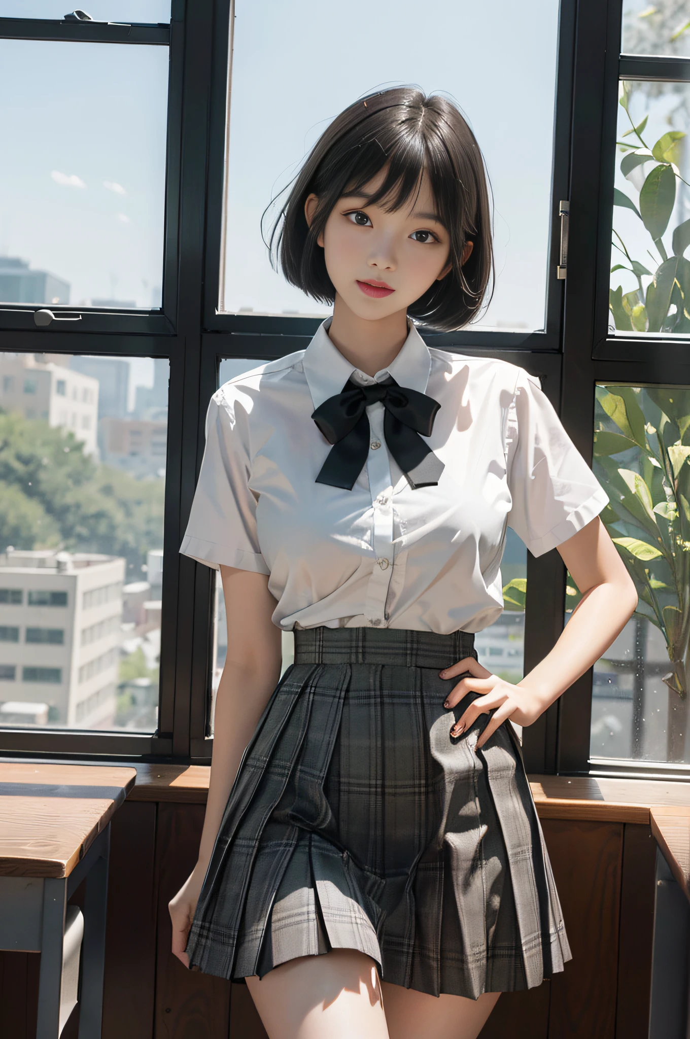 Top quality, RAW photos, super high resolution, 17-year-old Korean, very big round breasts, shiny black hair, bob cut, short cut, matching bangs, , shirt, ribbon, green plaid skirt, simple hair ornament, beautiful eyes, very thin mouth, smile,, beautiful eyes in detail, slender eyes, dark cheek makeup, long eyelashes, beautiful double eyelids, eye shadow, Beautiful slender legs, various poses like school, school classroom, model