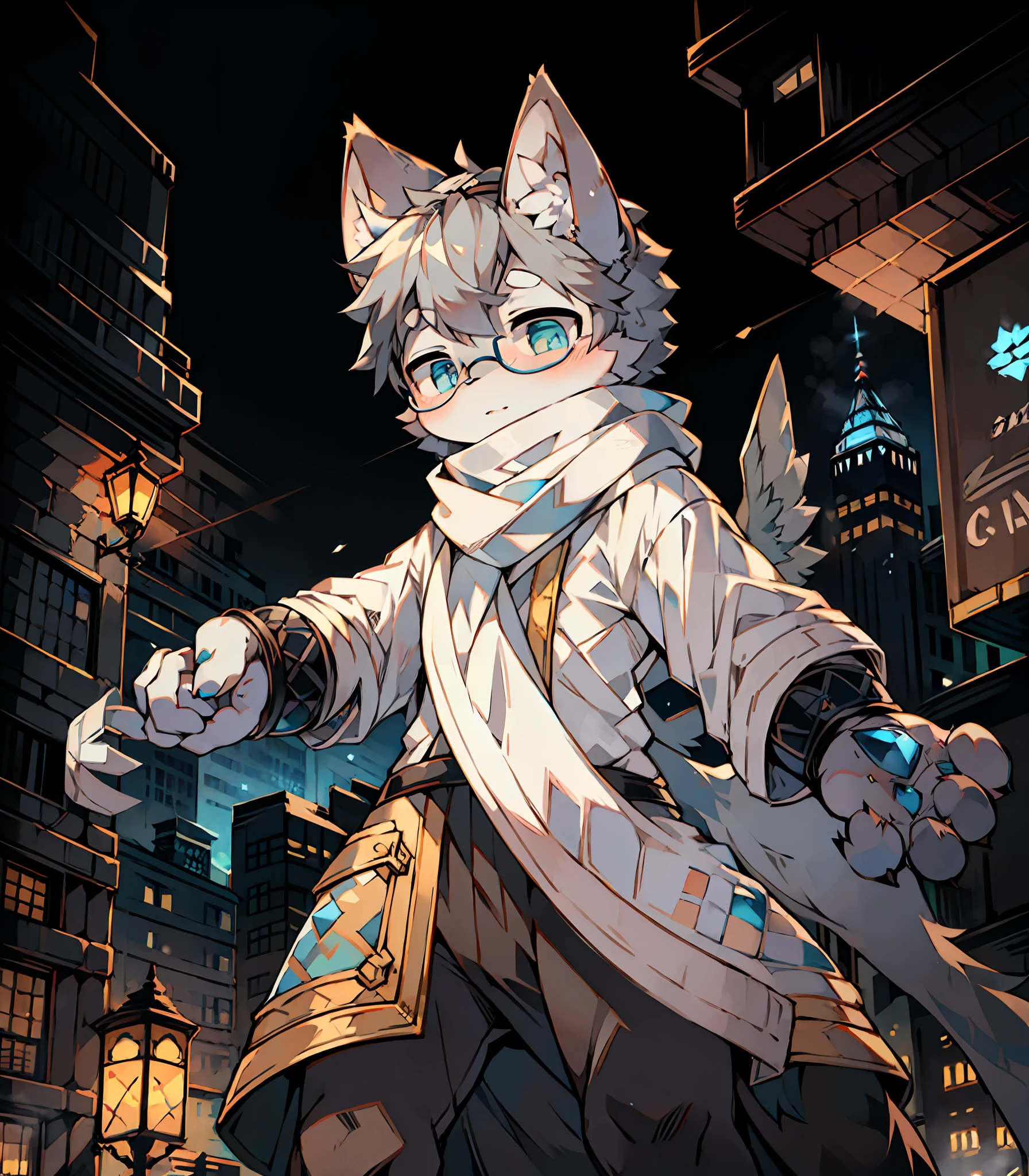Highest quality, delicate painting style, delicate hook line, masterpiece, delicate skin, delicate hair, complete painting, masterpiece, delicate hands, delicate eyes, normal eyes, gray cat ears, furry, gray hair, black framed round glasses, blue eyes, cute, handsome, ((white scarf)), cat style, Shota, cyberpunk, blue pupils, city night view, gray hair, bangs, gray crystal wings, mottled light and shadow, steampunk, short hair, boys, bright eyes with God. , Crystal Shards in the Air, City, ((Battle Stance))