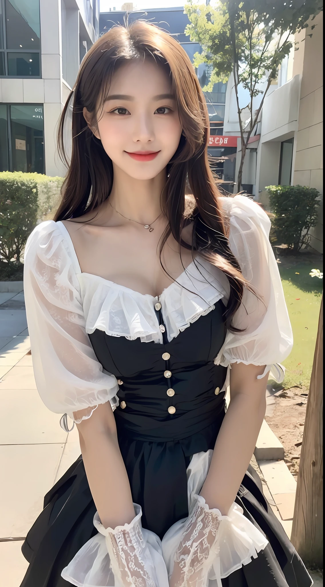 (1 Korean girl), ((best quality, 8k, masterpiece: 1.3)), focus: 1.2, perfect body beauty: 1.4 , (smile), (Street: 1.3), highly detailed face and skin texture, fine eyes, double eyelids, whitened skin, (black straight : 1.3), (round face: 1.5), (dress: 1.4),