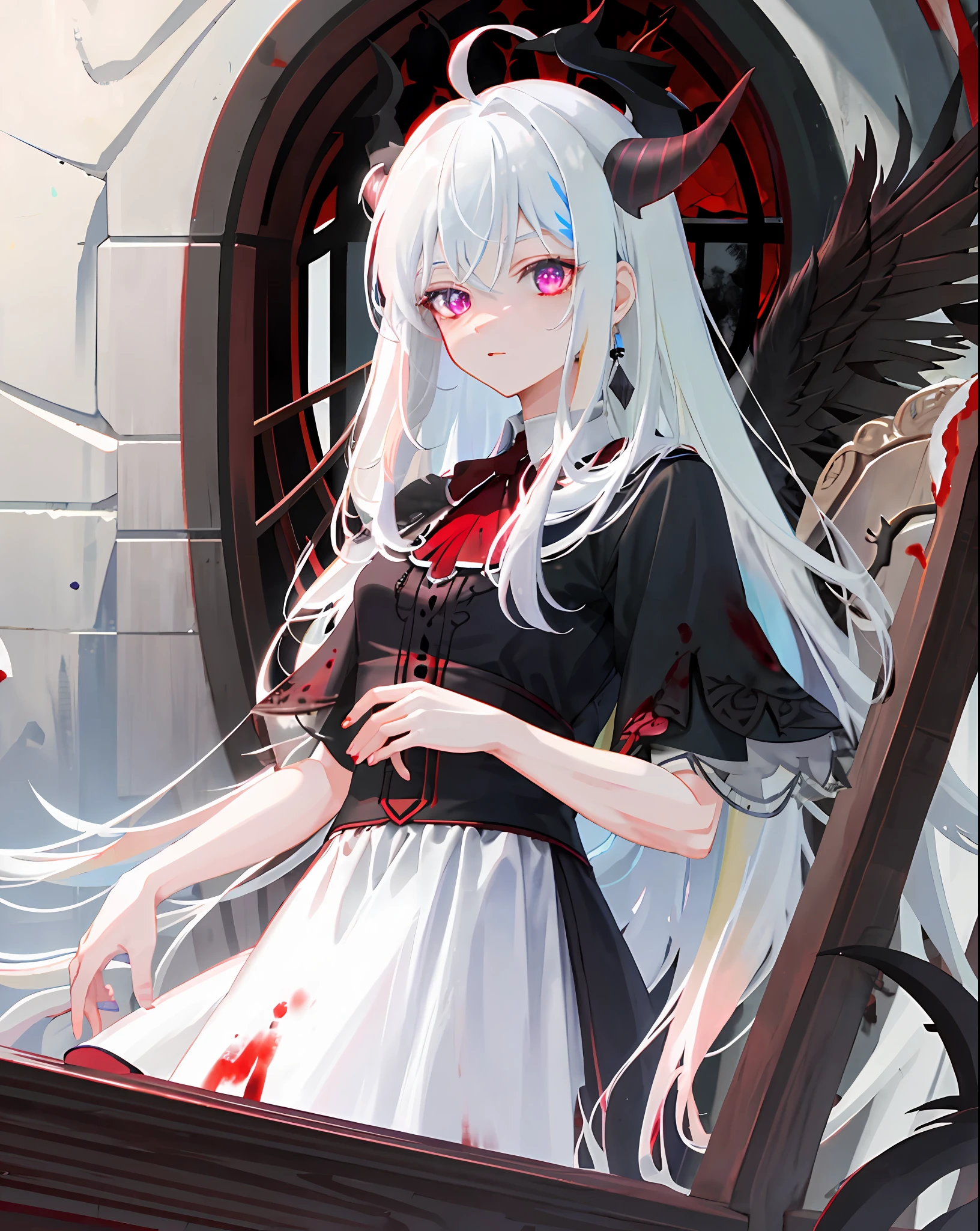 Best quality, 1 girl, white hair, blood red eyes, blood, gloomy, dark, blackened, crow, demon horn