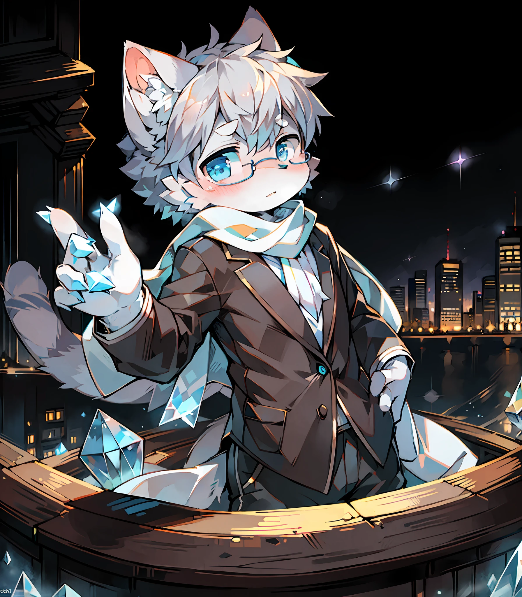 Highest quality, delicate painting style, delicate hook line, masterpiece, delicate skin, delicate hair, complete painting, masterpiece, delicate hands, delicate eyes, normal eyes, gray cat ears, furry, black frame round glasses, blue eyes, handsome, ((white scarf)), cat style, Shota, cyberpunk, blue pupils, city night view, gray crystal wings, mottled light and shadow, boy, bright eyes of God. , crystal shards in the air, cities, gray fur