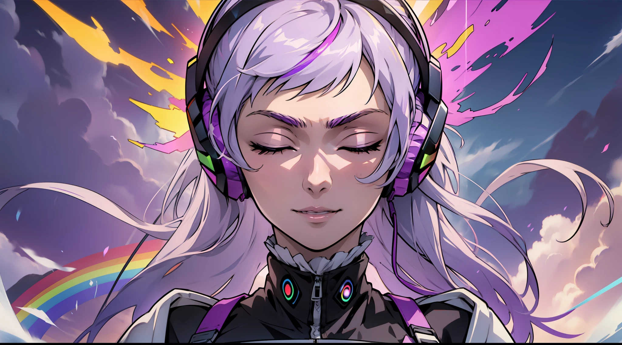 Mulher com fone de ouvido com senso de paz, olhos fechados, rosto bonito, Cores RGB, cabelo roxo brilhante, anime, Banner para vídeo do youtube, garota feliz, clouds with Cores RGB, bright Cores RGB.