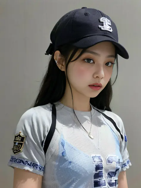 (1girl:1.3), Solo, __body-parts__, Kim Ji-ni Jennie face, wearing a trendy brand, with a cap, football uniform, world-weary face...