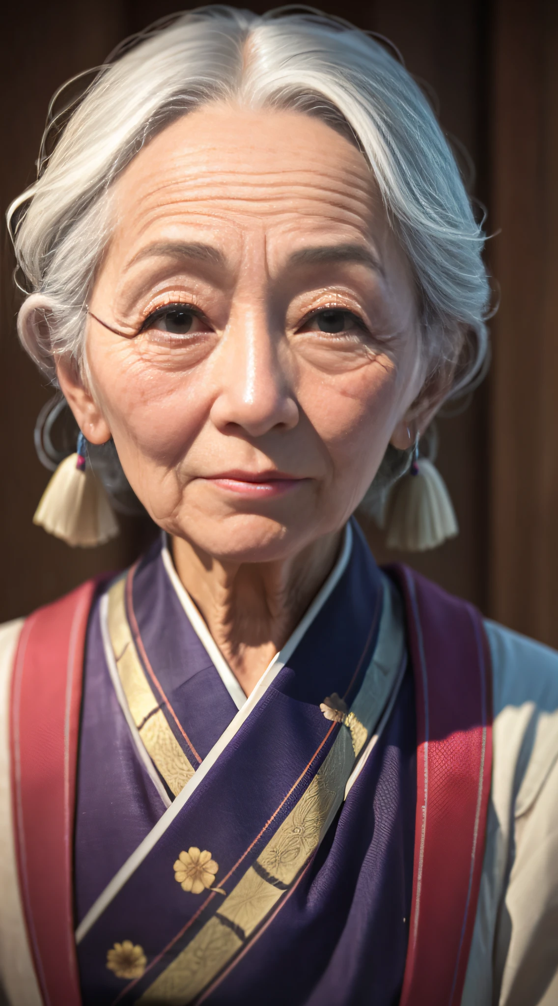 une femme plus âgée avec des cheveux blancs et un foulard violet, portrait ultra détaillé, Rendu portrait 8k, femme japonaise, gros plan, portrait, Japonisme 3d 8k ultra détaillé, portrait très détaillé, portrait doux 8 k, gros plan portrait, portrait VFX très détaillé, art numérique très réaliste, portrait photo très détaillé, Portrait 60 mm --auto --s2