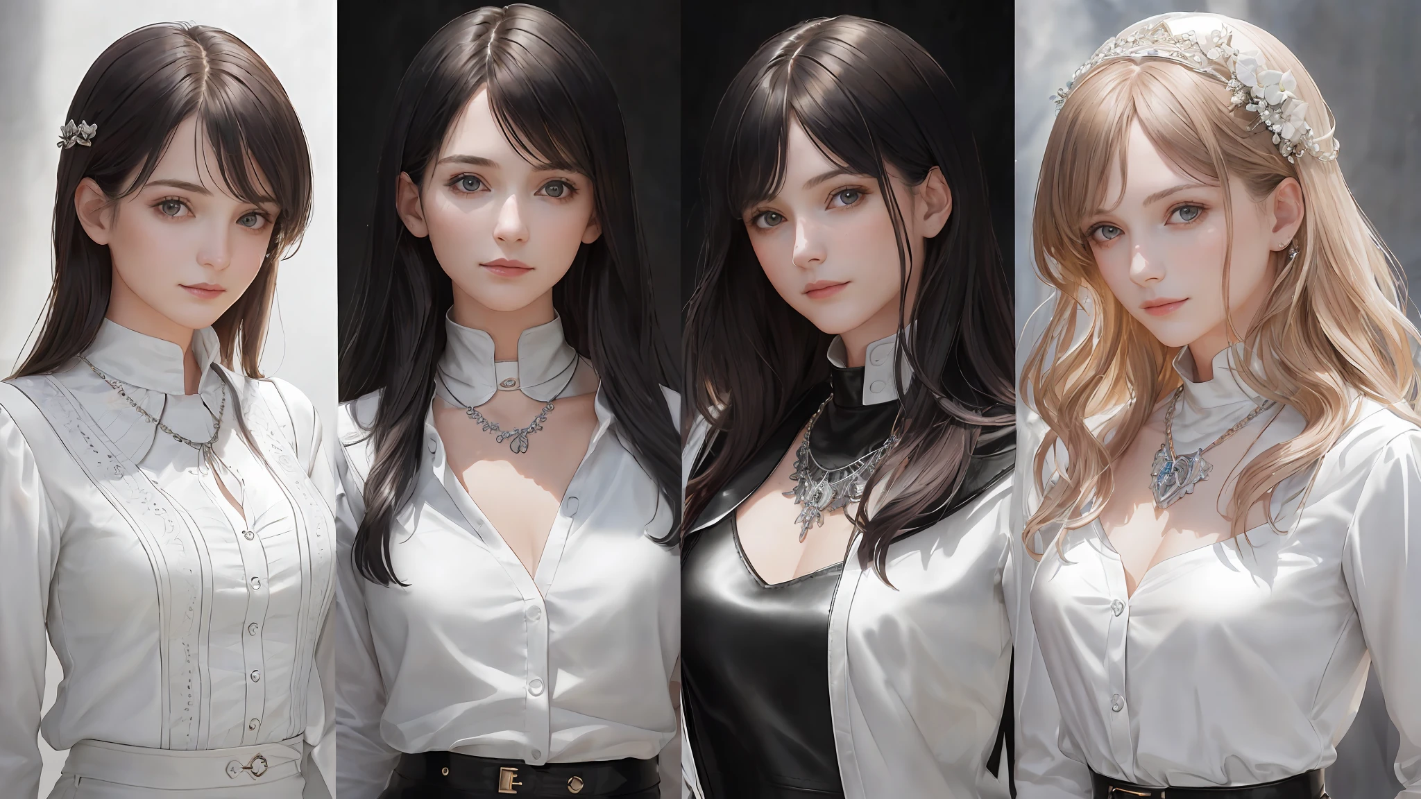 (3girls), ((())), 18 year old woman, , waist-length portrait, (renaissance buildings), ((high detailed skin:1.3)), ((high detailed facial features)), (realistic:1.3), (best quality), (masterpiece), (intricate details), intricate, 8k uhd, hdr, dslr, photographed on a Canon EOS R5, F/2.8, HDR, ray-tracing, bloom, ambient_oscillation, Depth of field, (dramatic light), (beautiful detailed light), (((necklace, white shirt, black leather trousers))), cleavage, microwaist, looking at viewer,