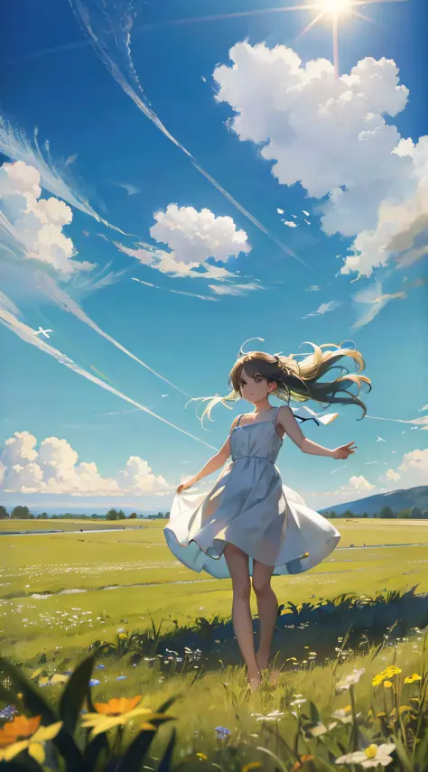 meadow, blue sky, white cumulonimbus, contrails, shining sun, meadow grass swaying in the wind, photo quality, live action, real...