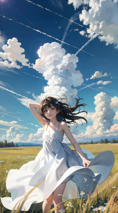 meadow, blue sky, white cumulonimbus, contrails, shining sun, meadow grass swaying in the wind, photo quality, live action, real...