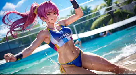 Ultra-realistic 8K CG, masterpiece, top quality, professional artwork, famous artwork, beach volleyball competition, spectators, opponents, sandy court, ayane, short lobs, short ponytail ribbons, earrings, necklaces, perfect face, beautiful face, beautiful...