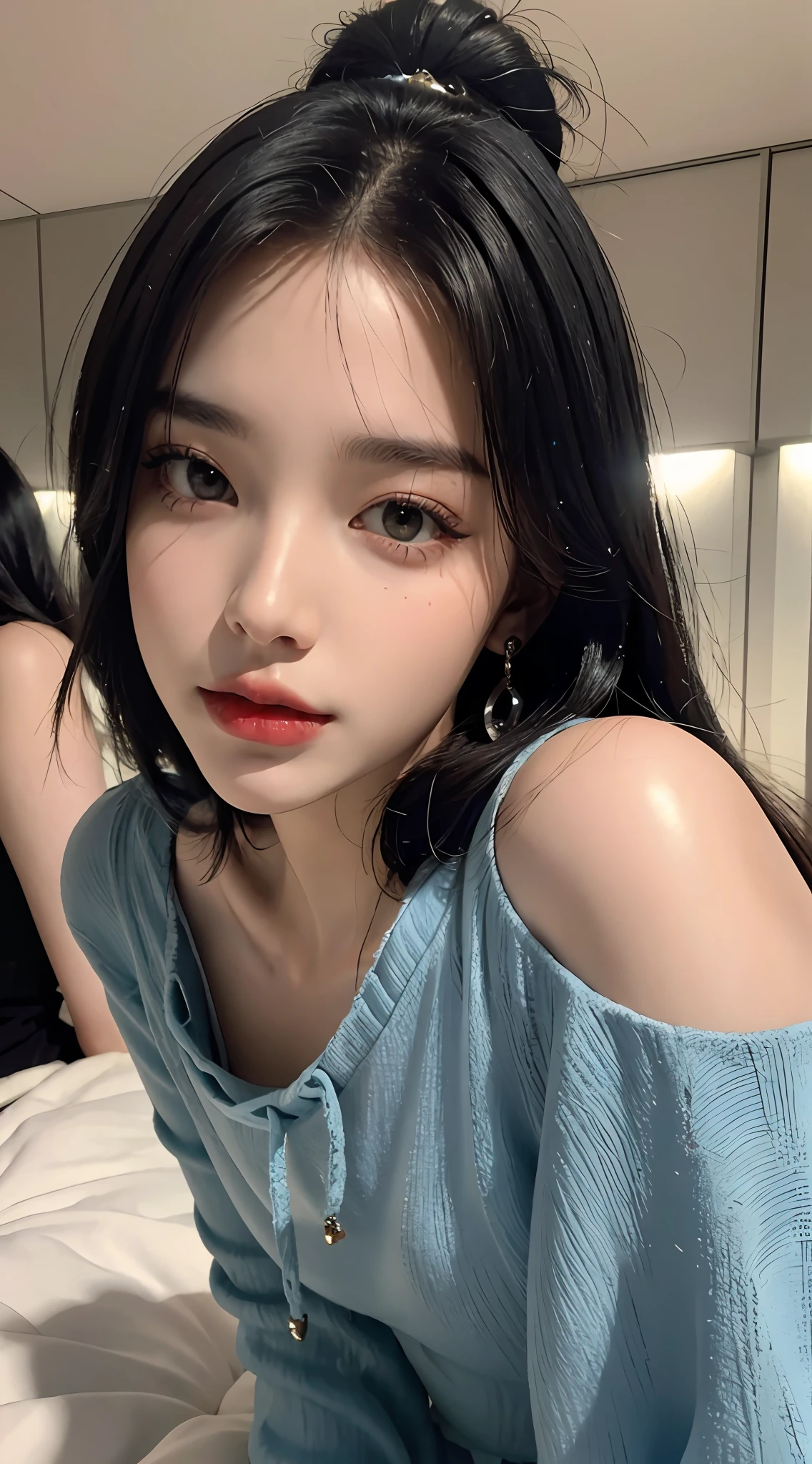 (Masterpiece), Best Quality, 8K Resolution, 3D, Close Shot, A Beautiful Girl in Black Dress, Perfect Body (Plump), ((Beautiful Detailed Face)), (Upper Body: 1.3), Black Hair (Messy), Delicate Makeup, Red Lips, Oil Lips, Long Eyelashes, With Silver Earrings, Bright Big Eyes, Eye Shadow, Lying Silkworm, Movie Lighting, Cute Girl, Master Works, High Detail, Colorful Picture, Light and Shadow Details, Extremely Delicate Beautiful Girl, Supple Fair Skin, delicate facial features, perfect face, stunning beauty, extreme details, realistic details, flying over stunning cityscapes, hoodies, blue hair, neon shooting stars, very long hair, off-the-shoulders, feather hair ornaments, neon colors, glitter, stunning night sky,