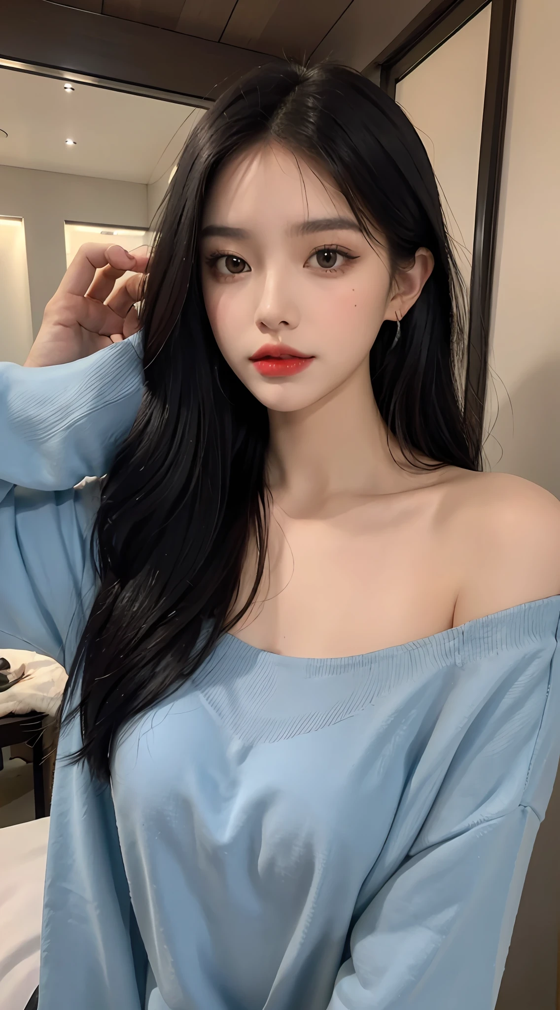 (Masterpiece), Best Quality, 8K Resolution, 3D, Close Shot, A Beautiful Girl, Dress, Perfect Body (Plump), ((Beautiful Detailed Face)), (Upper Body: 1.3), Black Hair (Messy), Delicate Makeup, Red Lips, Oil Lips, Long Eyelashes, With Silver Earrings, Bright Big Eyes, Eye Shadow, Lying Silkworm, Movie Lighting, Cute Girl, Master Works, High Detail, Colorful Picture, Light and Shadow Details, Extremely Delicate Beautiful Girl, Supple and Fair Skin, Delicate facial features, perfect face, stunning beauty, extreme details, realistic details, flying over stunning cityscapes, hoodies, blue hair, neon shooting stars, very long hair, off-the-shoulders, feather hair ornaments, neon colors, glitter, stunning night sky,