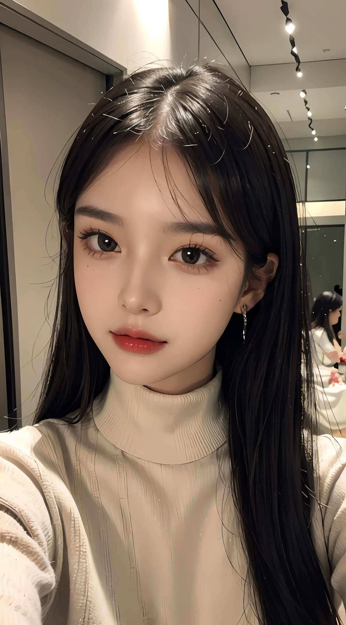 (Masterpiece), best quality, 8K resolution, 3D, close-up, a beautiful girl wearing a turtleneck with a necklace, a beauty mole under the corner of her eyes, perfect figure, ((beautiful detailed face)), (upper body: 1.3), black hair (messy), delicate makeup, red lips, shiny lips, long eyelashes, with silver earrings, bright big eyes, eye shadow, lying silkworm, movie lighting, cute girl, master work, high detail, colorful picture, light and shadow details, Extremely delicate beautiful girl, supple and fair skin, delicate facial features, perfect face, stunning beauty, extreme details, realistic details, facing the camera, holding a mobile phone to take a selfie, Clear focus: 1.2, 1girl