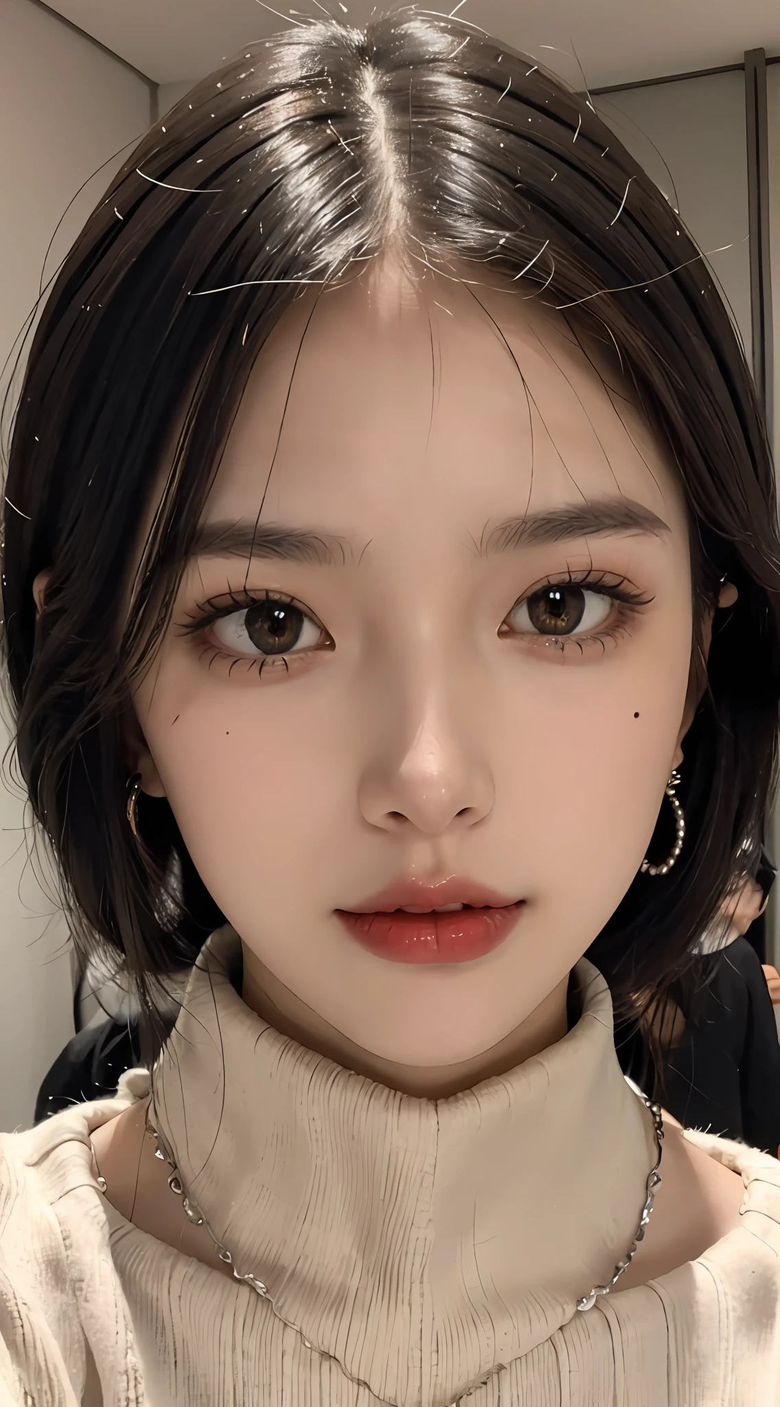 (Masterpiece), best quality, 8K resolution, 3D, close-up, a beautiful girl wearing a turtleneck with a necklace, a beauty mole under the corner of the left eye, perfect figure, ((beautiful detailed face)), (upper body: 1.3), black hair (messy), delicate makeup, red lips, shiny lips, long eyelashes, with silver earrings, bright big eyes, eye shadow, lying silkworm, movie lighting, cute girl, master works, high detail, colorful picture, light and shadow details, Extremely delicate beautiful girl, supple and fair skin, delicate facial features, perfect face, stunning beauty, extreme details, realistic details, facing the camera, holding a mobile phone to take a selfie, Clear focus: 1.2, 1girl