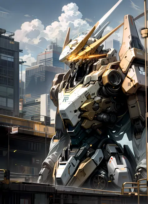 gold,sky, cloud, holding_weapon, no_humans, glowing, , robot, building, glowing_eyes, mecha, science_fiction, city, realistic,mecha