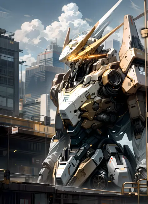 gold,sky, cloud, holding_weapon, no_humans, glowing, , robot, building, glowing_eyes, mecha, science_fiction, city, realistic,mecha