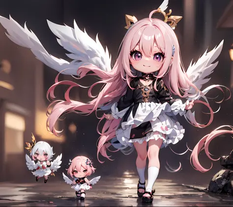 1 anime angel doll, (Chibi: 1.2), 8K high quality detail art, white feathers on the back, pink hair, gradient, twinkle, style as...