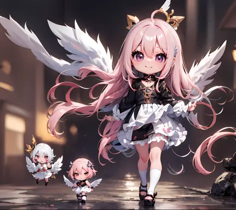 1 anime angel doll, (chibi: 1.2), 8k high quality detail art, white feathers on the back, pink hair, gradient, twinkle, style as...