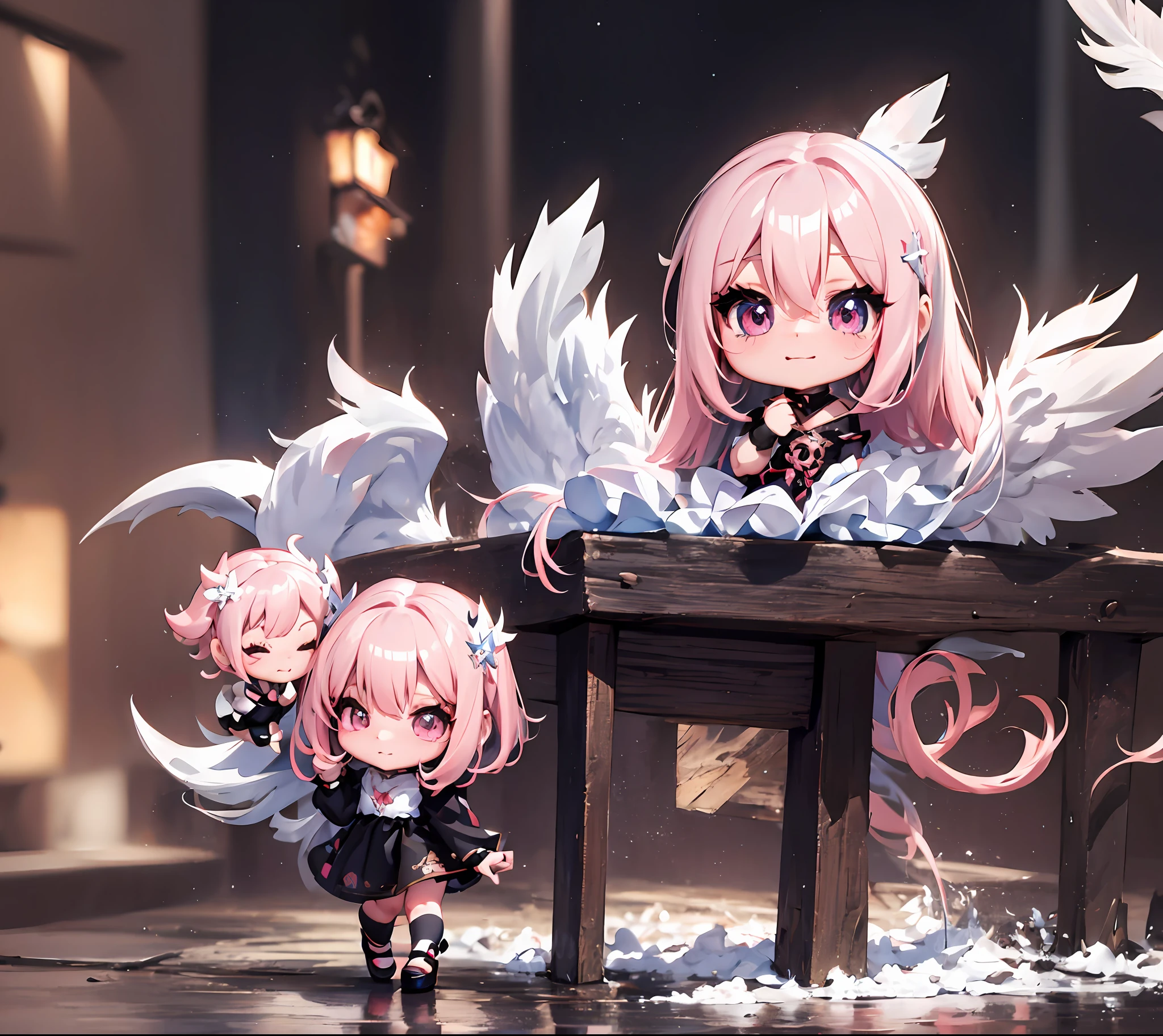 1 anime angel doll, (Chibi: 1.2), 8K high quality detail art, white feathers on the back, pink hair, gradient, twinkle, style as Nendoroid, stylized anime, anime style 4K, cute detailed digital art, Guweiz style artwork, 8K octar rendering photos, advanced digital chibi art, Cute 3d render, anime style, light, glow