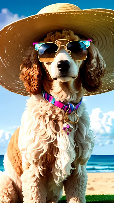 A Poodle, Seated, Sitting on the Beach, Head Close-up, Straw Hat and Sunglasses, Mismatched Pupils, Facing Lens, Genuine Fur, High Quality Fur, Detailed Fur Detail, Sea Background, Sky, Clouds, High Quality Background, High Background Detail, Soft Sunlight...