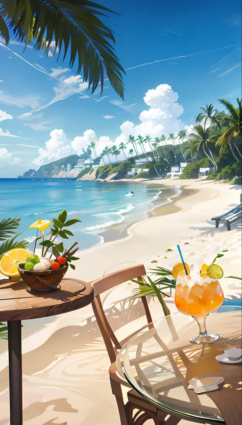 In the seaside resort setting, sandy environment, pleasant cozy atmosphere, close to the beach, wonderful masterpiece, cozy atmosphere, beautiful environment, outdoor environment, summer, summer morning, cozy environment, cool glass full of iced carbonated...