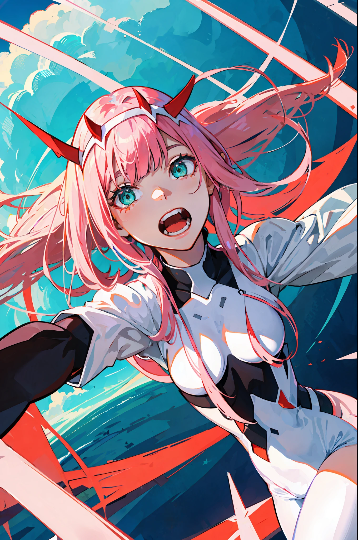 zero dois \(querido no franxx\), querido no franxx, 1 garota, franja, Selfie, Morder, sombra, olhos verdes, cabelo atrás da cabeça, chifres, cabelo longo, Inventar, seios pequenos, traje de piloto, body branco, cabelo rosa, red eyesombra, ficção científica, pele esticada, Sozinho