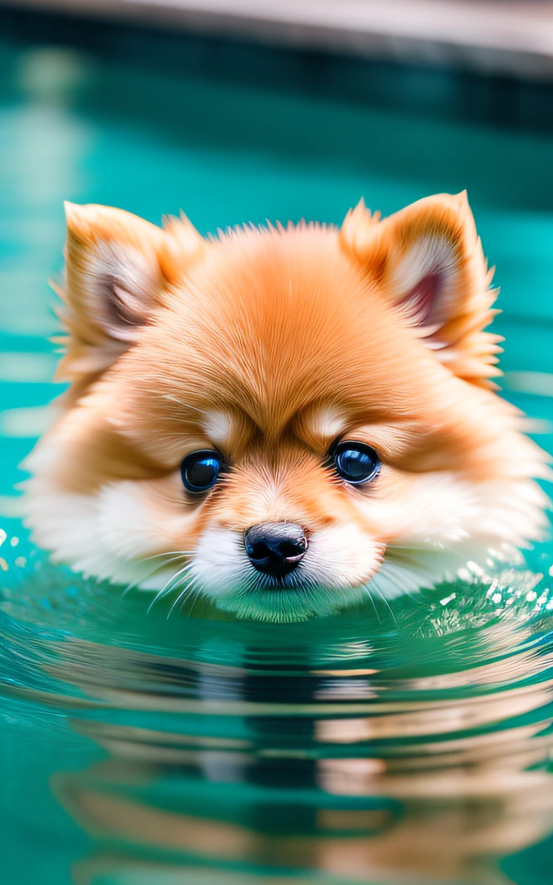 hyper qualité,Mignon deux chiot poméranien,Couleurs différentes,nageant dans la piscine,aboiement,Yeux étroits,sourire,eos r3 28mm