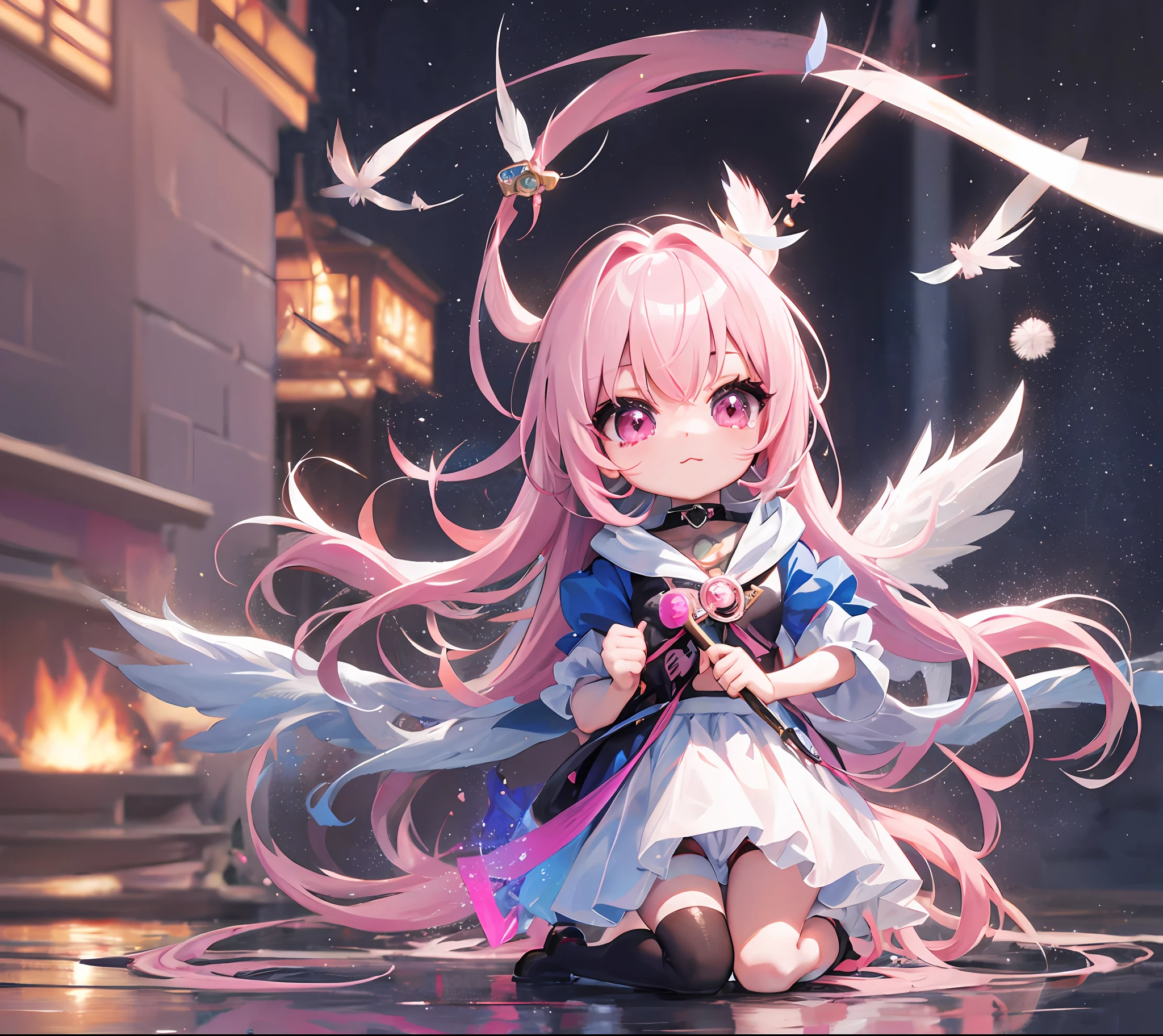 1 anime angel doll, (chibi: 1.2), 8K-Detailkunst in hoher Qualität, weiße Federn auf dem Rücken, pinkes Haar, Gradient, twinkle, style as Nendoroid, Stilisierter Anime, Anime-Stil 4K, süße detaillierte digitale Kunst, Guweiz style artwork, 8K-Octar-Rendering-Fotos, fortgeschrittene digitale Chibi-Kunst, Cute 3d render, Anime-Stil, Licht, Glühen