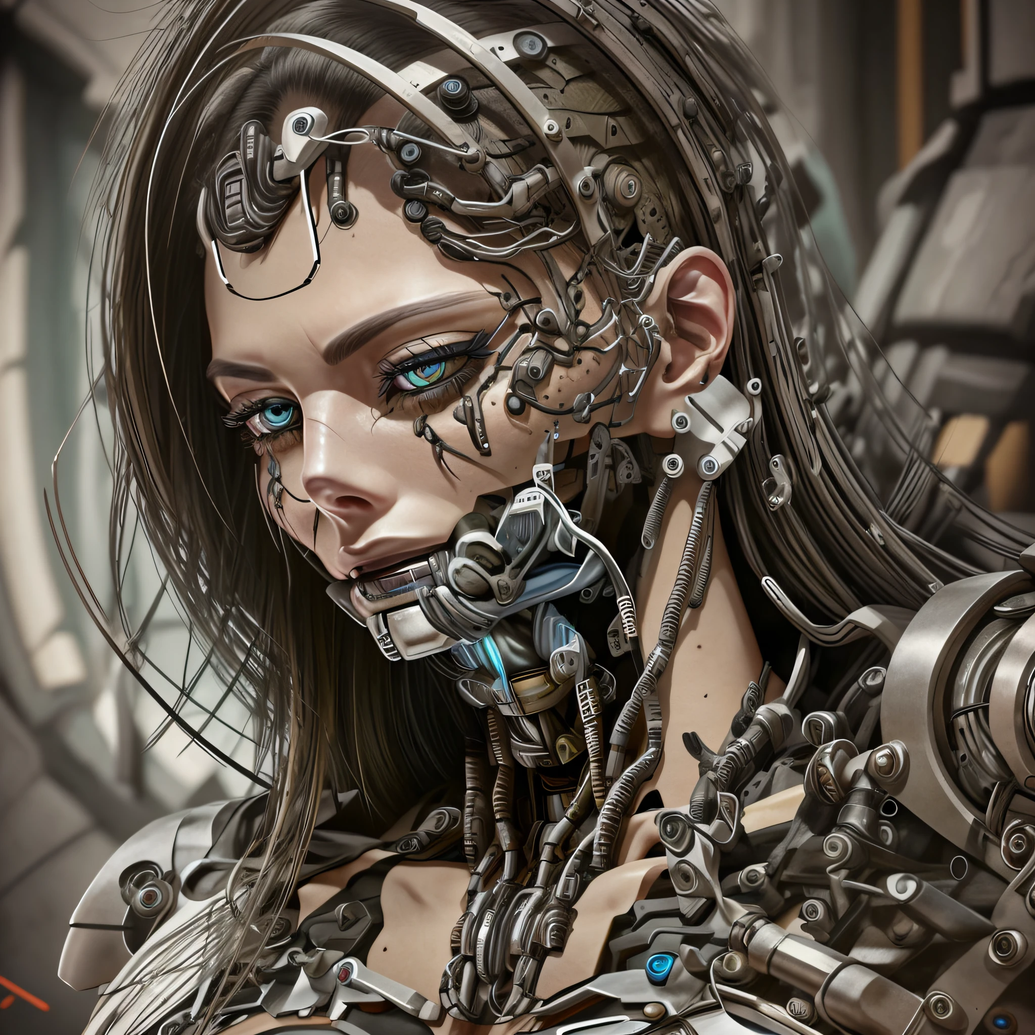 女性サイボーグ怖い官能的な詳細6Kフルフォーカス顔ロボットの細部が豊富なシャープなディテールでいっぱい