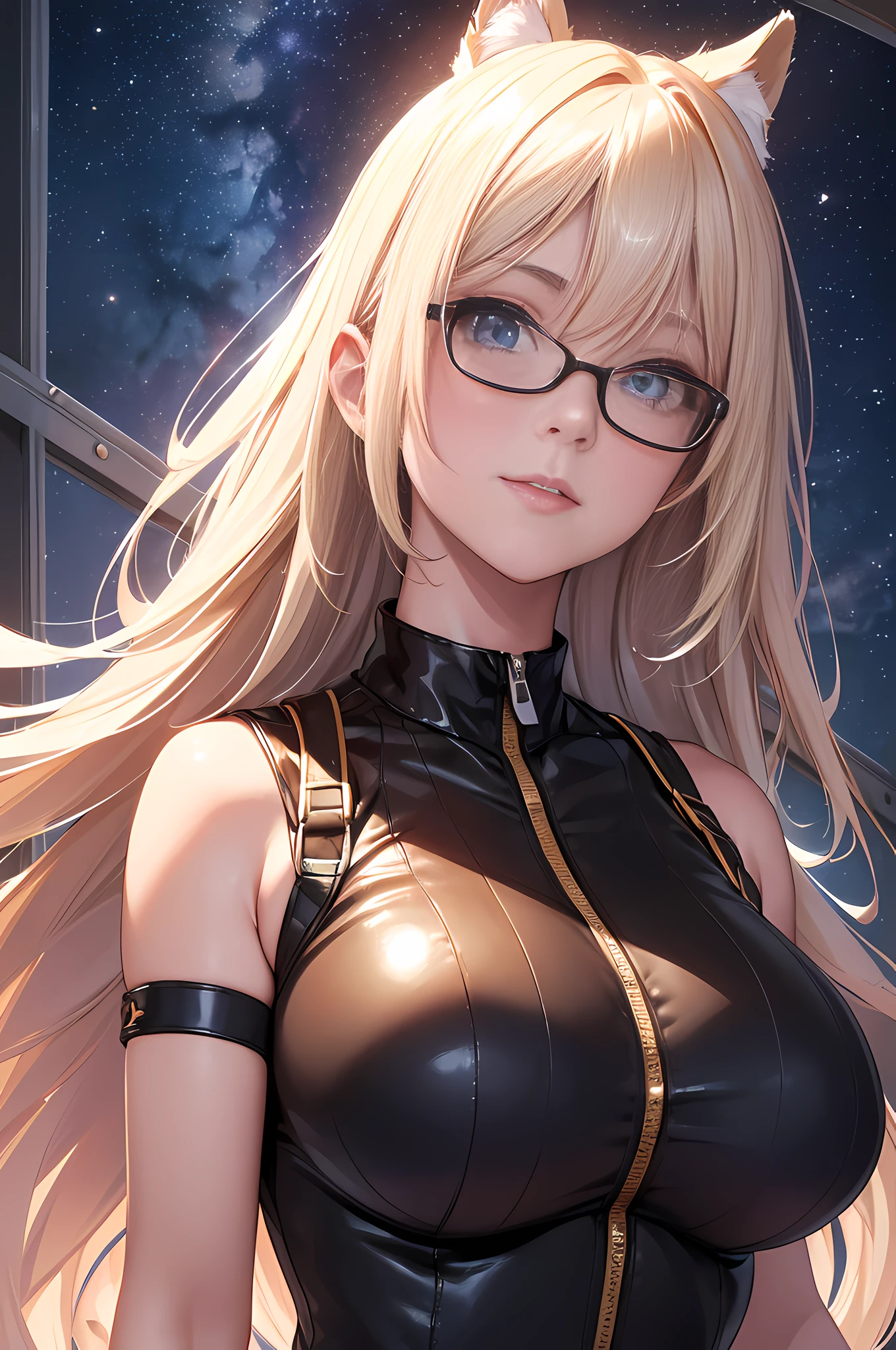 Anime girl with glasses and cat ears posing in front of a window - SeaArt AI