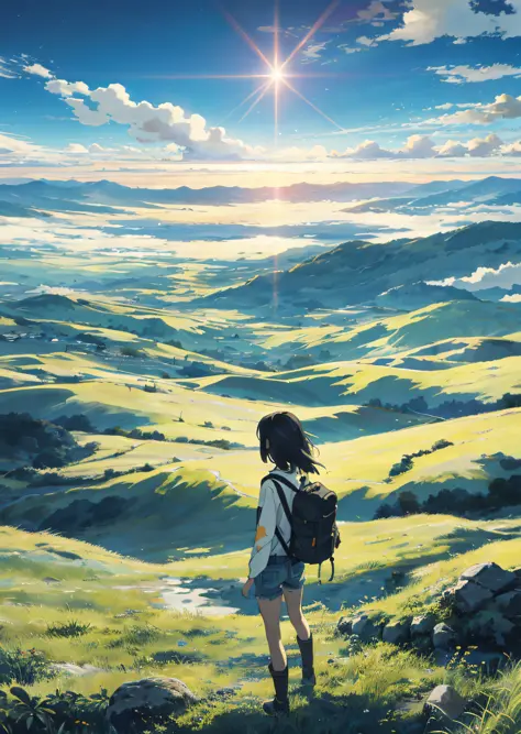 The vast sky, beautiful skyline, large grasslands, extremely tense and dramatic pictures, moving visual effects, the high-hanging Polaris, and colorful natural light. Long-sleeved top, denim shorts, and a girl with a backpack.