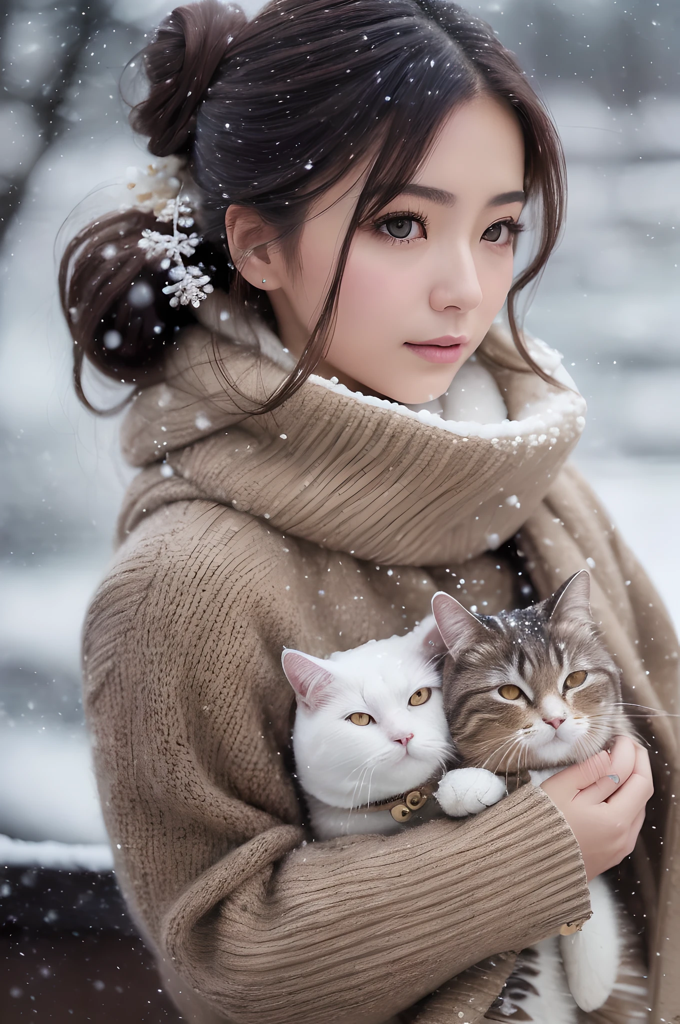 (masterpiece), (portrait), (aesthetic), (beautiful), (upper blody), (high quality), (aesthetic clothings), (professional angle), (rule of thirds), (Feminine), (woman), (female), (beautiful),(feminine features), (21 years), solo, 1 woman, (attractive Japanese), Winter, (Falling Snow), (Night), (Soft light), ((Holding a Cat)), (Hands around the cat), ((Looking downwards Face)), ((Cozy)), (Natural Make-up), (Moderate Bust), (Scarf), ((Medium Hair)), (Dark Brown Hair), (Straight Hair), (Neat Bun hair), (Floral Accessories in the Hair in Hair), (Half-open Eyes), (Brown Eyes), (Serene Look), Fair skin, (Subtle Embellishments Clothing), (Sweater), (Coat), (Skirt ), (Boat Neck Neckline), ((Snowy Landscape background)), (Close-Up Shot),