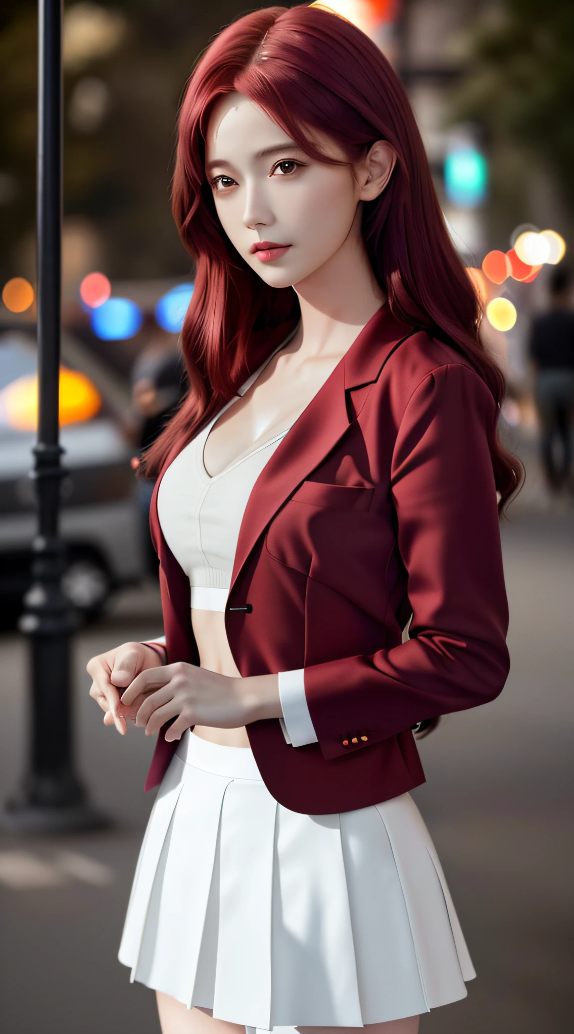 ((Realistic lighting, Best quality, 8K, Masterpiece: 1.3)), Clear focus: 1.2, 1girl, Perfect body beauty: 1.4, Slim abs: 1.1, ((light red hair)), (White blazer: 1.4), (Outdoor, night: 1.1), City streets, Super fine face, Fine eyes, double eyelids, Best proportions of four fingers and one thumb, (Realistic: 1.3), Cute 1girl, medium breasts, short white skirt