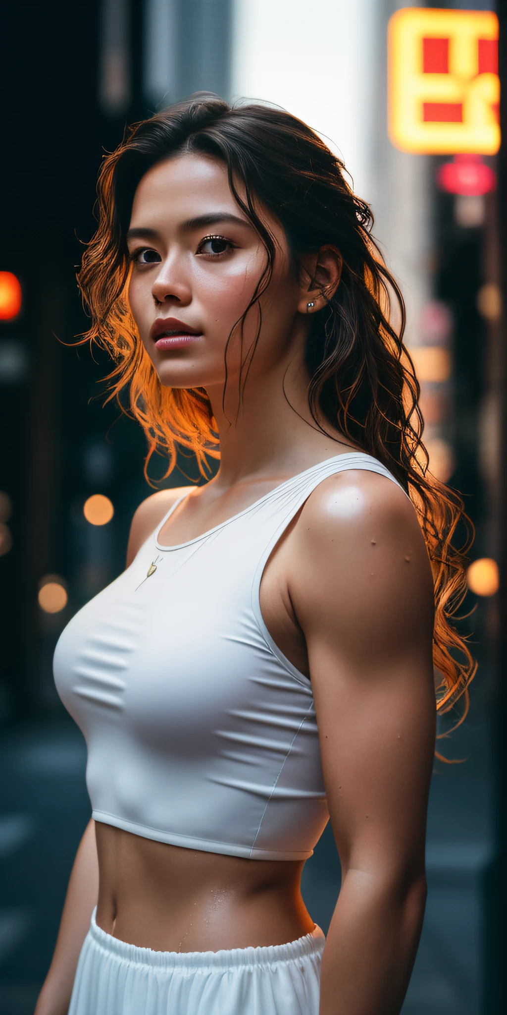 Full face portrait photo of 25 year old European girl, RAW, beautiful woman, semi-open strawberry lip, dimples, wistful expression, (brown hair with extra long wavy), ((detailed face)), ((detailed facial features)), (fine detailed skin), pale skin, (off-the-shoulder crop top dress), cyberpunk megacity environment, ( Cool colors), wet, damp, reflective, (masterpiece) (perfect proportions) (realistic photos) (highest quality) (detail) shot with Canon EOS R5, 50mm lens, f/2.8, HDR, (8k) (wallpaper) (cinematic lighting) (dramatic lighting) (sharp focus) (complex), RAW photos, RAW photos, gigachad photos, camera poses, black jeans, Back Arm, 8K UHD, DSLR, High Quality, Grain Film, Fujifilm XT3, Film Stock Photo 4 Kodak Portra 400 Camera F1.6 Lens Rich colors Ultra-realistic textures Dramatic lighting Unreal Engine Art Station Trends Cinestill 800 tungsten, toughboy style, ultra focus face, short messy hair, Muscles, bursting veins, beads